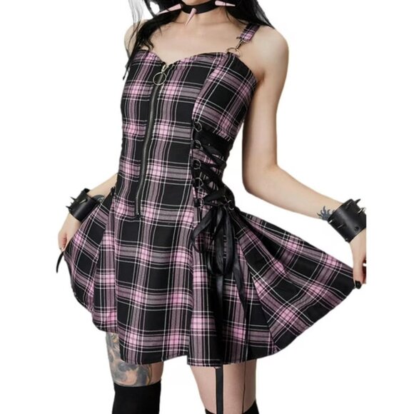 Unbranded Dresses & Skirts - Unbranded Gothic Lace Up Mini Dress Pink Plaid NEW